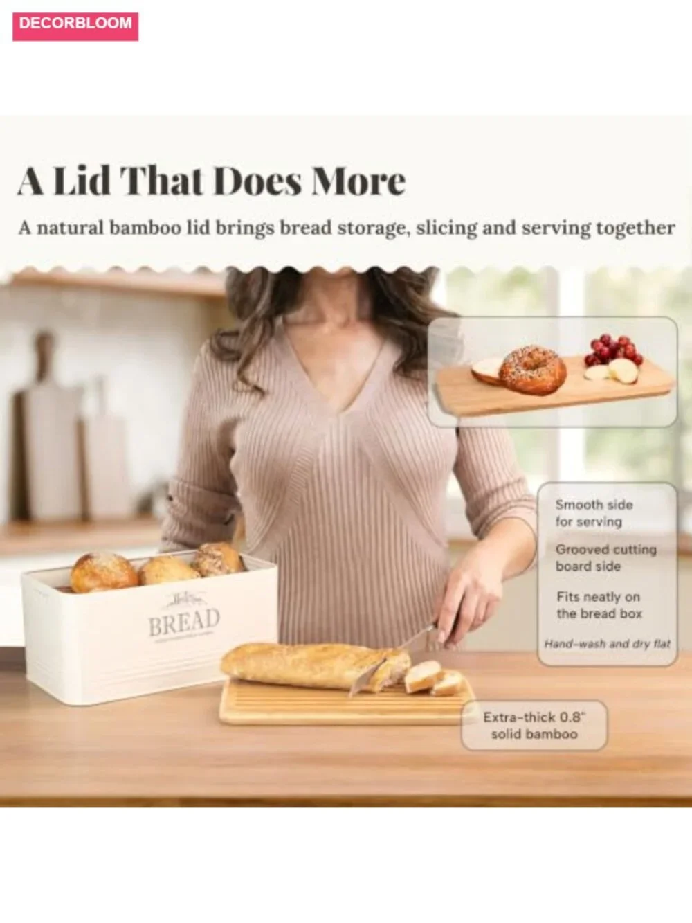 Metal Bread Box with Bamboo Lid Farmhouse Kitchen Storage
